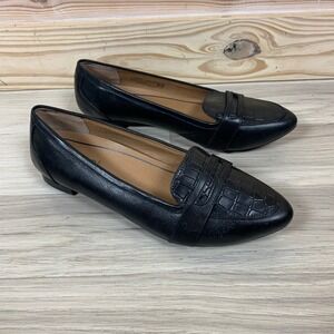 Vionic Savannah Flats Women 7.5 Black Pointed Toe Croc Embossed Leather Loafers